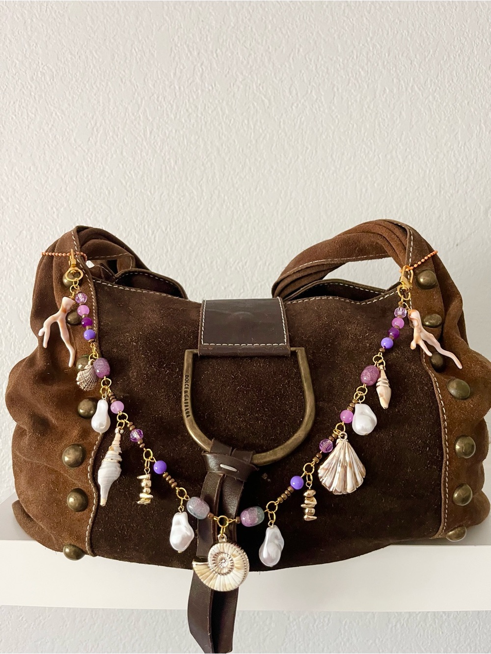 Boho Coastal Seashell & Pearl Bag Charm Chain | Purple Beaded Purse Accessory